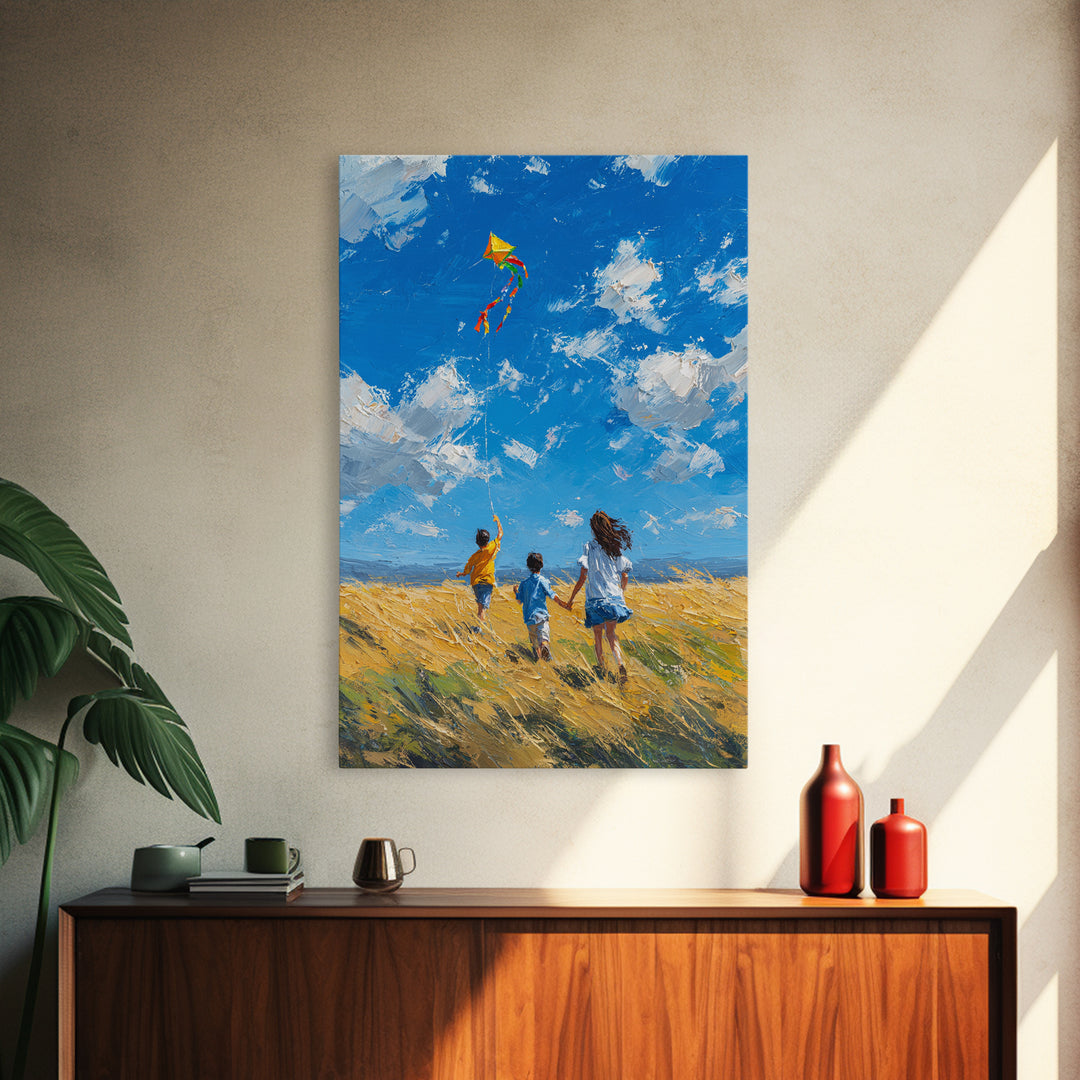 Children Chasing Bright Kite In Golden Field Framed Canvas Print, Colorful Wall Art, Summer Landscape, Kids Room Decor Gift