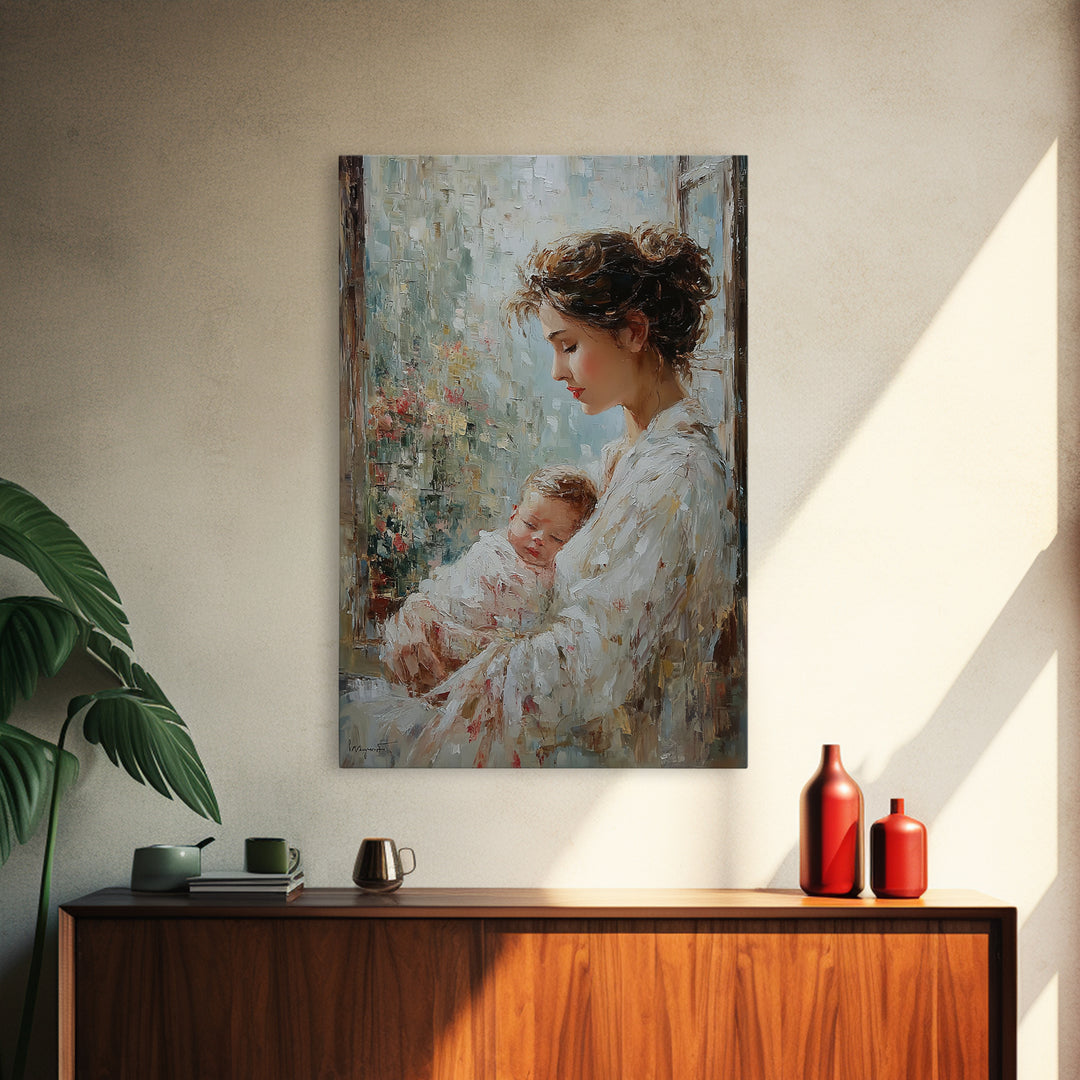 Mother Holding Sleeping Baby By Rainy Window Canvas Print, Feminine Wall Art, Nursery Decor, Gift For Mom, Bedroom Decor