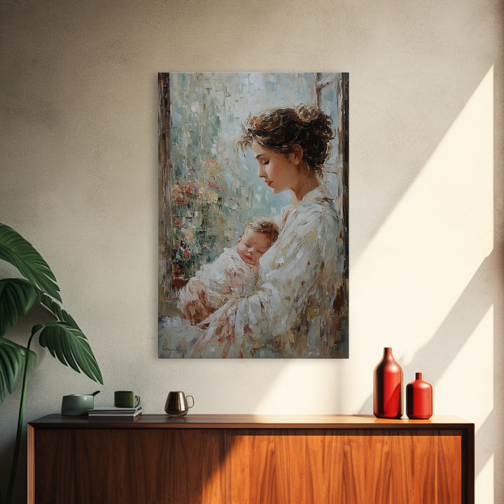 Mother Holding Sleeping Baby By Rainy Window Canvas Print, Feminine Wall Art, Nursery Decor, Gift For Mom, Bedroom Decor