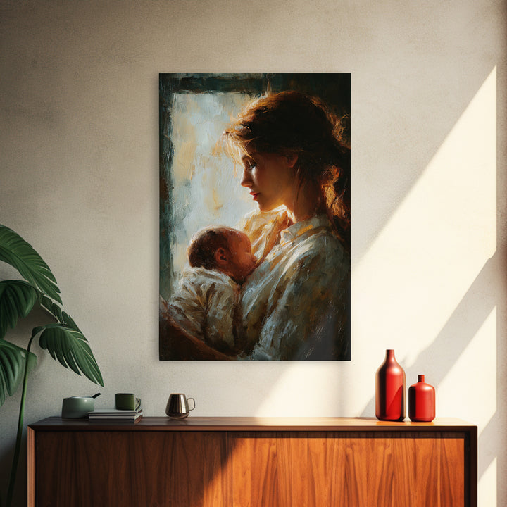 Backlit Mother Cradling Newborn By Window Framed Canvas Print, Romantic Wall Art, New Mom Gift, Moody Bedroom Decor Print