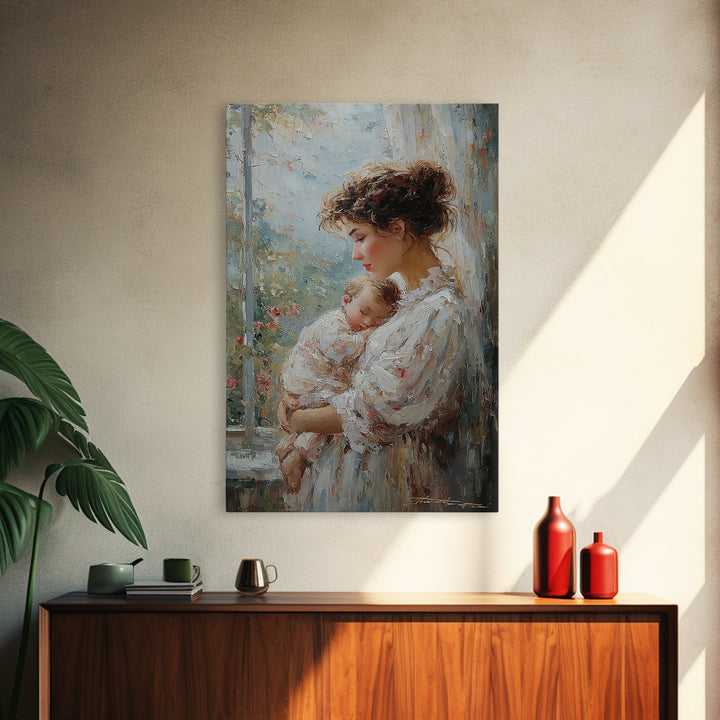 Mother With Sleeping Newborn In Soft Window Light Wall Art, Feminine Nursery Decor, New Mom Gift, Romantic Bedroom Decor