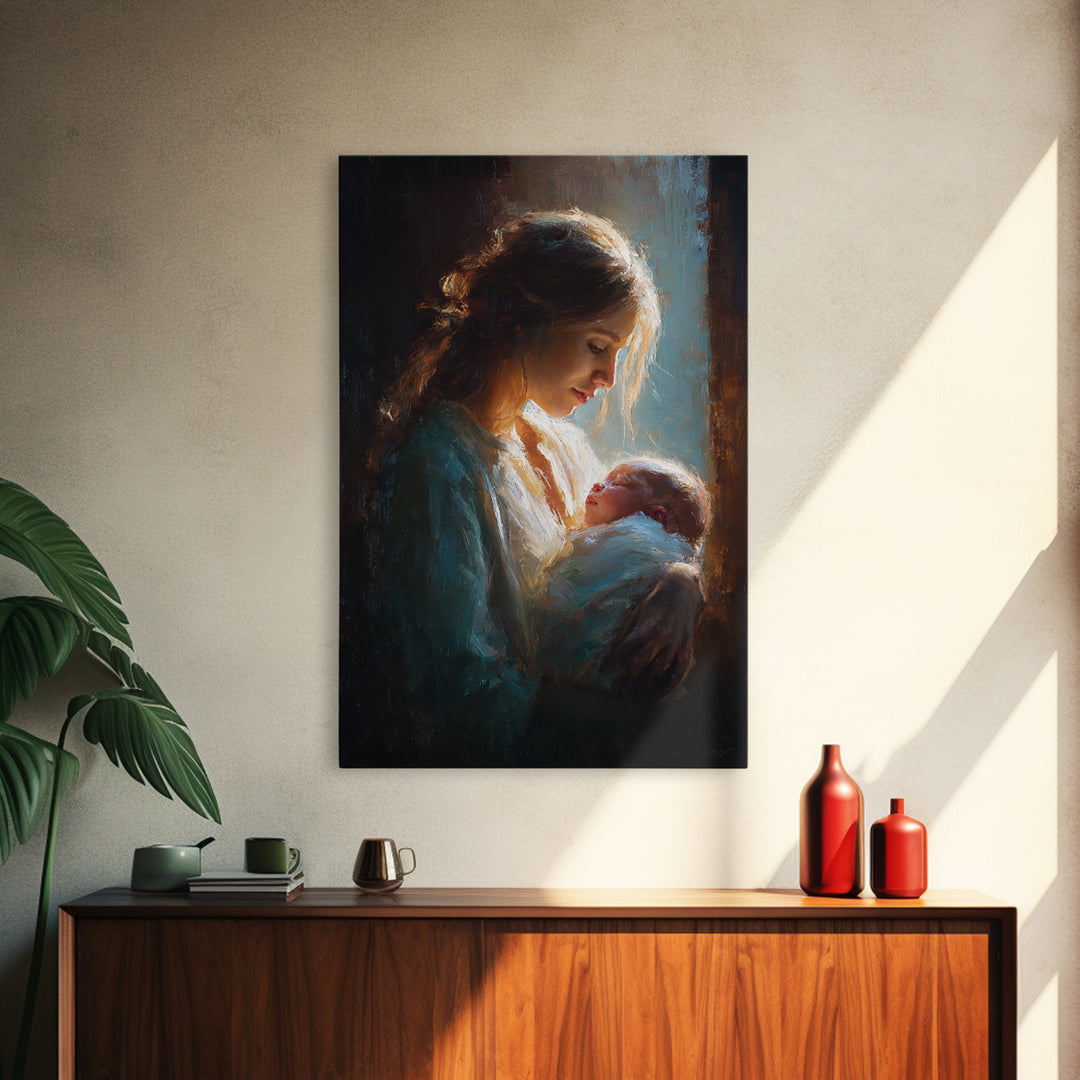 Radiant Mother Gazing At Newborn In Shadow Canvas Print, Moody Wall Art, Spiritual Gift, Nursery Decor, New Mom Gift Print