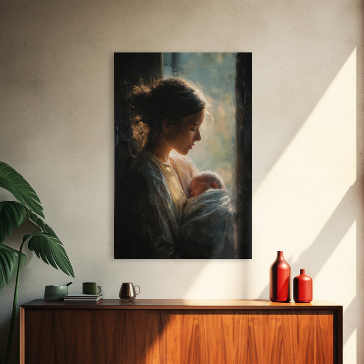 Soft Profile Mother With Sleeping Baby In Window Light Canvas Print, Moody Wall Art, New Mom Gift, Feminine Bedroom Decor