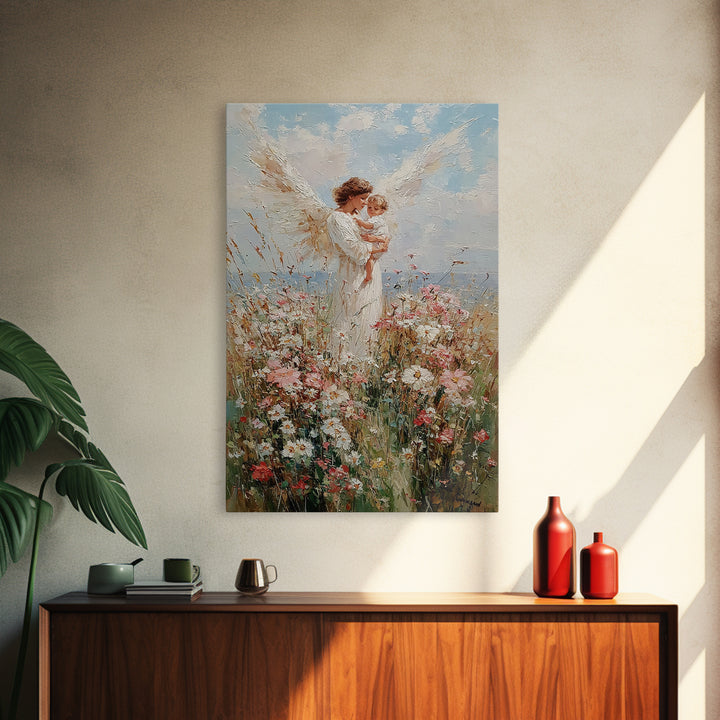 Angel Mother Holding Toddler Among Daisies Canvas Print, Christian Wall Art, Floral Nursery Decor, Gift For Mom, Home Decor