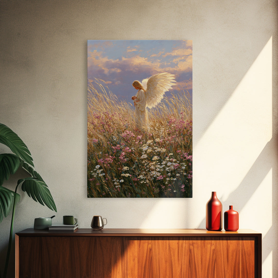 Golden Winged Angel With Infant At Sunset Wall Art, Christian Bedroom Decor, Floral Canvas Print, Spiritual Gift For Her