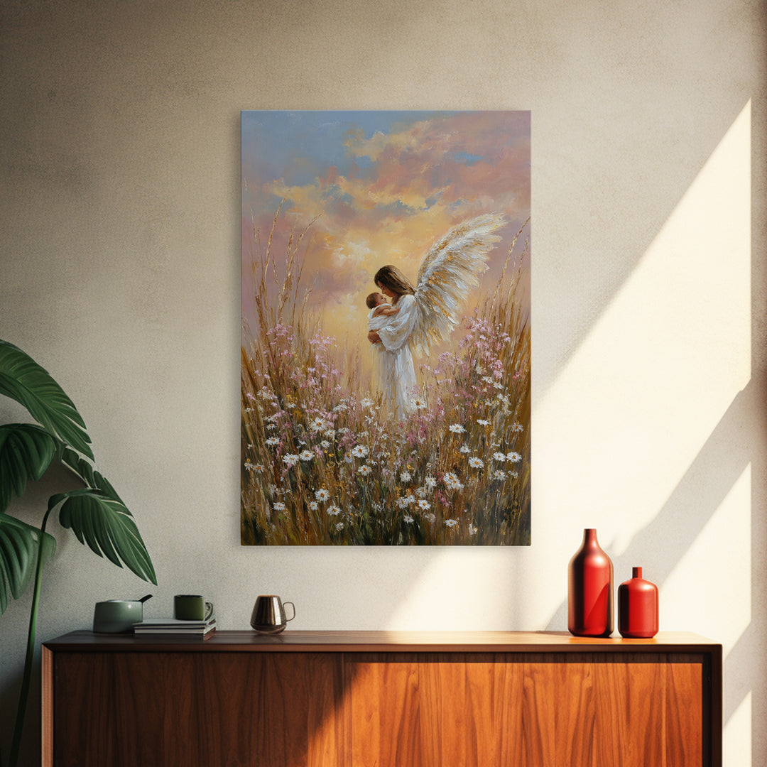 Angel Mother And Baby In Sunset Wildflowers Framed Canvas Print, Christian Wall Art, Nursery Decor, Motherhood Gift, Home Decor