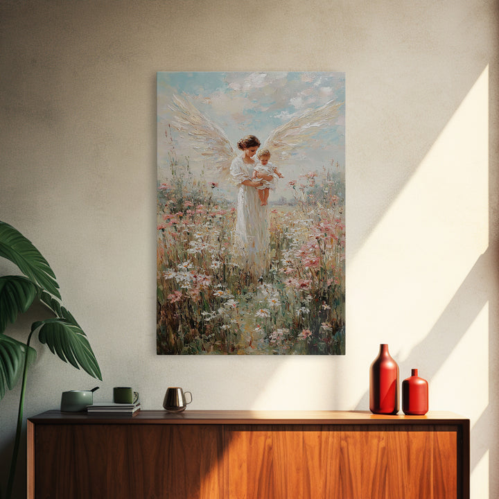 White Winged Angel Holding Baby In Flower Garden Canvas Print, Christian Nursery Wall Art, Floral Home Decor, Gift For Mom