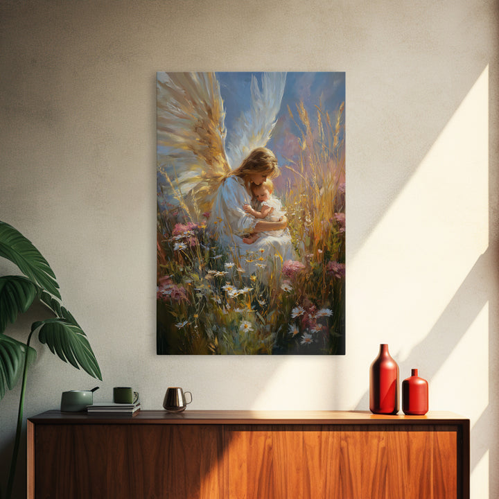 Glowing Angel Mother Nursing Baby In Wild Meadow Wall Art, Christian Canvas Print, Spiritual Nursery Decor, Gift For Her