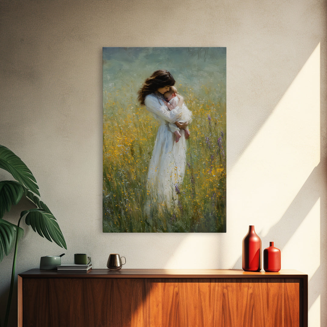 Tender Mother Cradling Newborn In Yellow Meadow Canvas Print, Motherhood Wall Art, Feminine Nursery Wall Decor, Gift For Mom