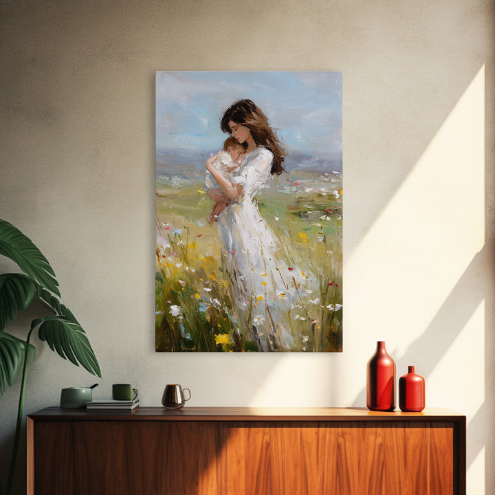 Mother Holding Sleeping Baby In Breezy Meadow Wall Art, Motherhood Canvas Print, Neutral Nursery Decor, Gift For Mom, Home Decor