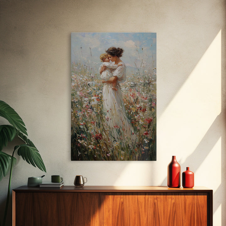 Mother Kissing Child In Wildflower Field Framed Canvas Print, Motherhood Wall Art, Floral Nursery Decor, Gift For Her, Home Decor