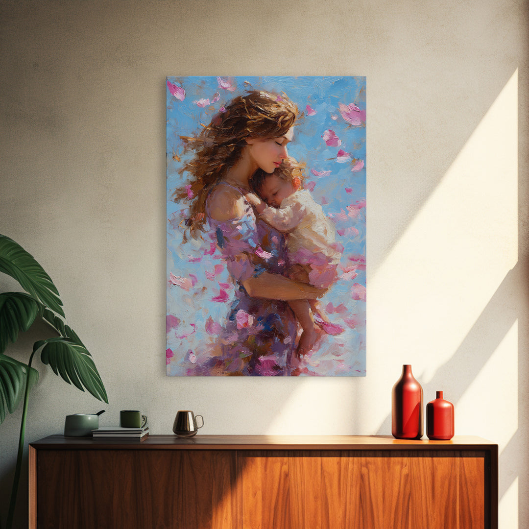 Tender Mother And Baby In Pink Petals Wall Art, Impressionist Oil Painting Print For Nursery, Bedroom, Gift For Mom, Home Decor