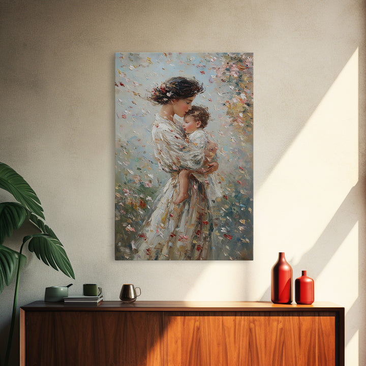 Mother Cradling Baby In Blossom Garden Wall Art, Romantic Impressionist Oil Painting, Feminine Bedroom Decor Gift For Her