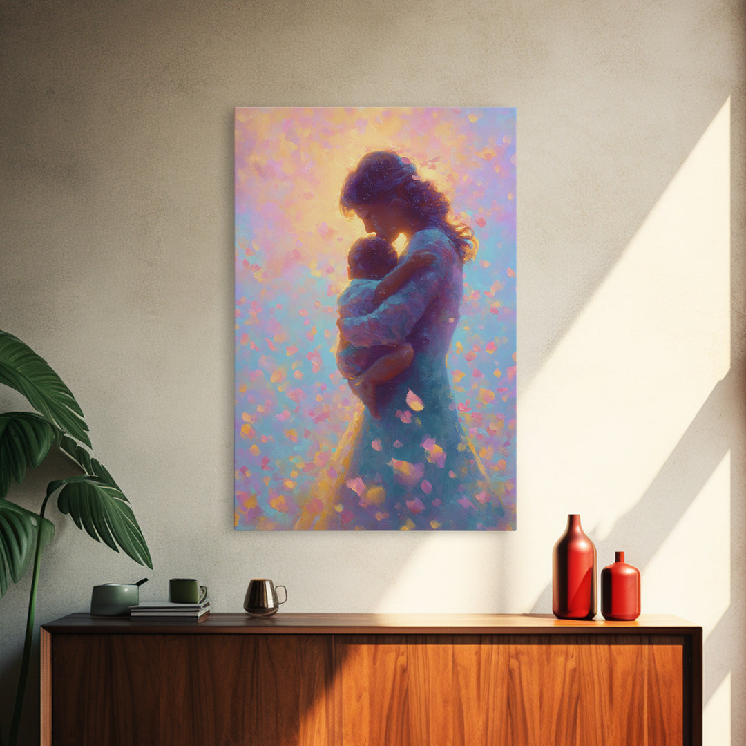 Glowing Mother And Infant Silhouette Canvas Print, Pastel Celestial Floral Petals, Dreamy Nursery Wall Art, Gift For Mom
