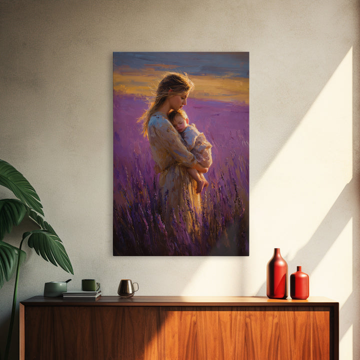 Mother And Sleeping Baby In Lavender Field Wall Art, Sunset Impressionist Oil Painting, Romantic Bedroom Decor, Gift For Mom