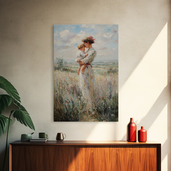 Mother Holding Child In Windy Wildflower Meadow Framed Canvas Print, Impressionist Landscape Wall Decor, Gift For Mom, Home Decor