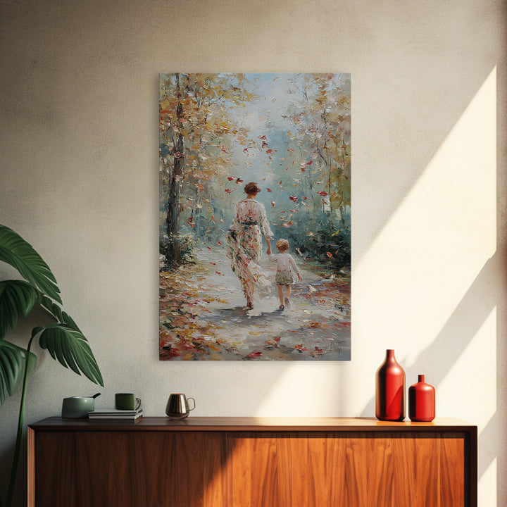 Mother And Child Autumn Walk Wall Art, Impressionist Forest Path Canvas, Cozy Family Decor, Gift For Mom, Living Room Art