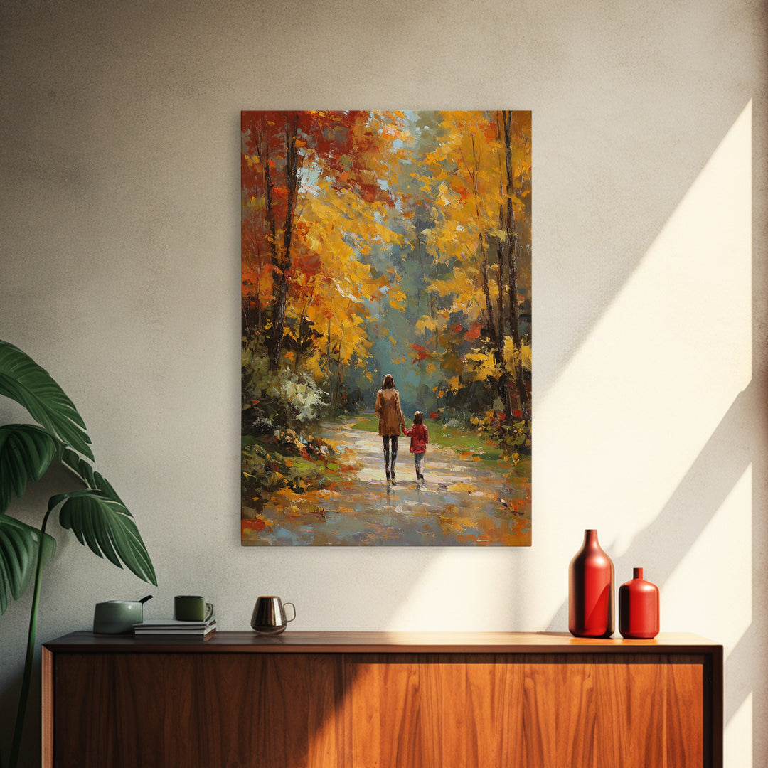 Golden Autumn Forest Walk Canvas Print, Mother Child Path Painting, Vibrant Landscape Wall Decor, Cozy Home Decor, Gift For Her
