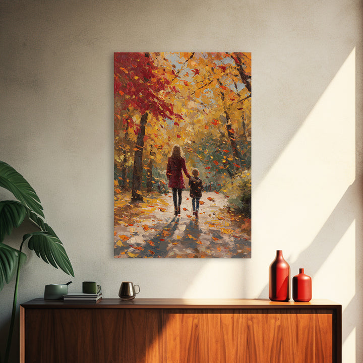Mother And Child Golden Fall Walk Canvas Print, Red Coat Autumn Trees Painting, Warm Family Decor, Rustic Wall Art, Gift For Mom