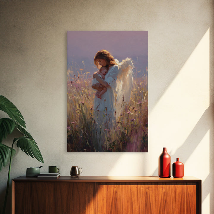 Angel Mother With Newborn Canvas Print, Golden Wildflower Meadow Painting, Guardian Angel Wall Art, Baby Nursery Decor, Gift For Mom