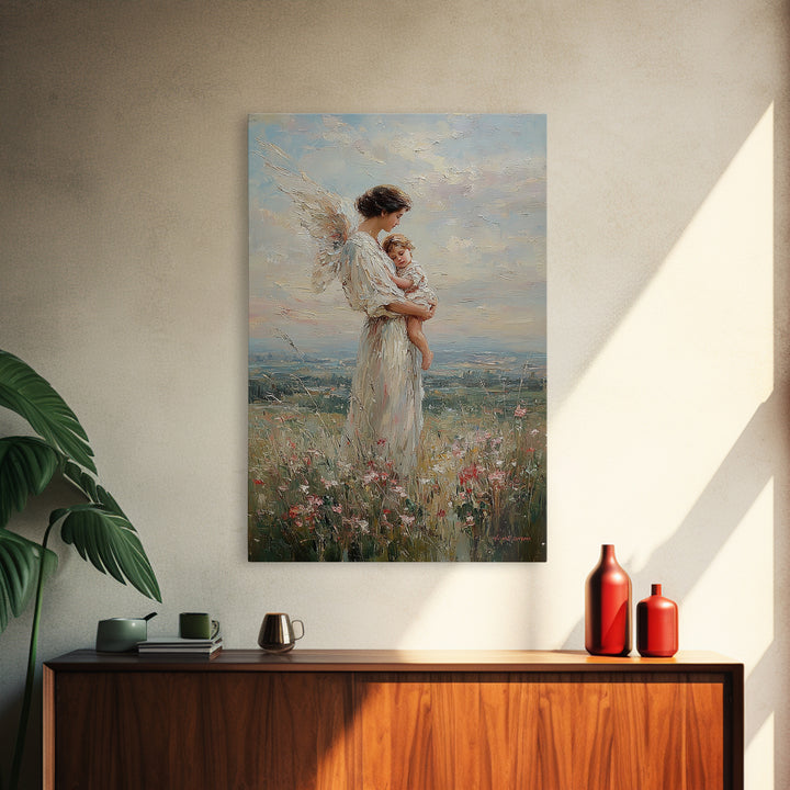Guardian Angel Mother Holding Baby In Wildflower Meadow Wall Art, Christian Nursery Decor, Motherhood Gift, Fine Art Print