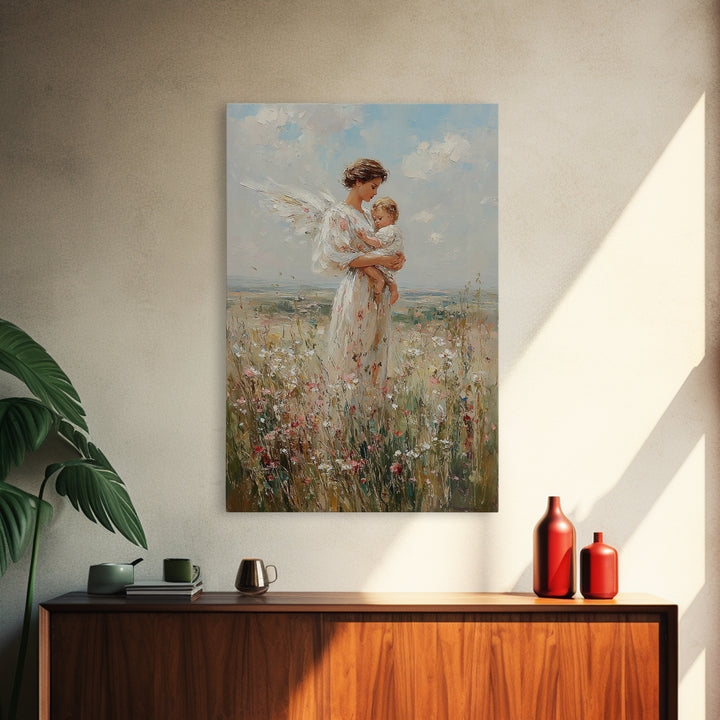 Serene Angel Mother Cradling Baby In Flower Field Framed Canvas Print, Christian Wall Art, Nursery Decor, Gift For Her And Mom