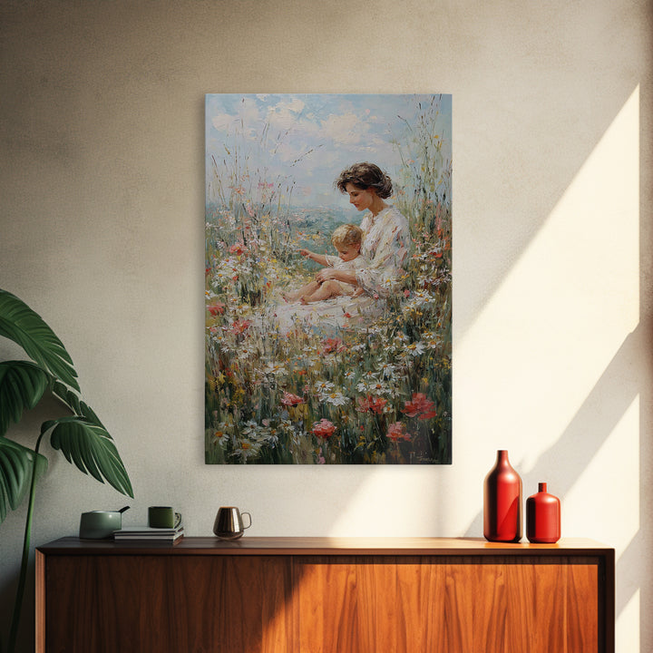 Mother And Child Resting In Daisy And Poppy Meadow Wall Art, Impressionist Floral Decor, Nursery Art Print, Gift For Mom