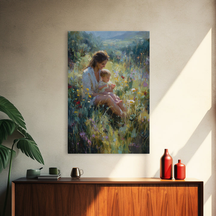 Glowing Mother And Baby In Mountain Wildflower Meadow Wall Art, Impressionist Landscape Decor, Nursery Art, Gift For Mom
