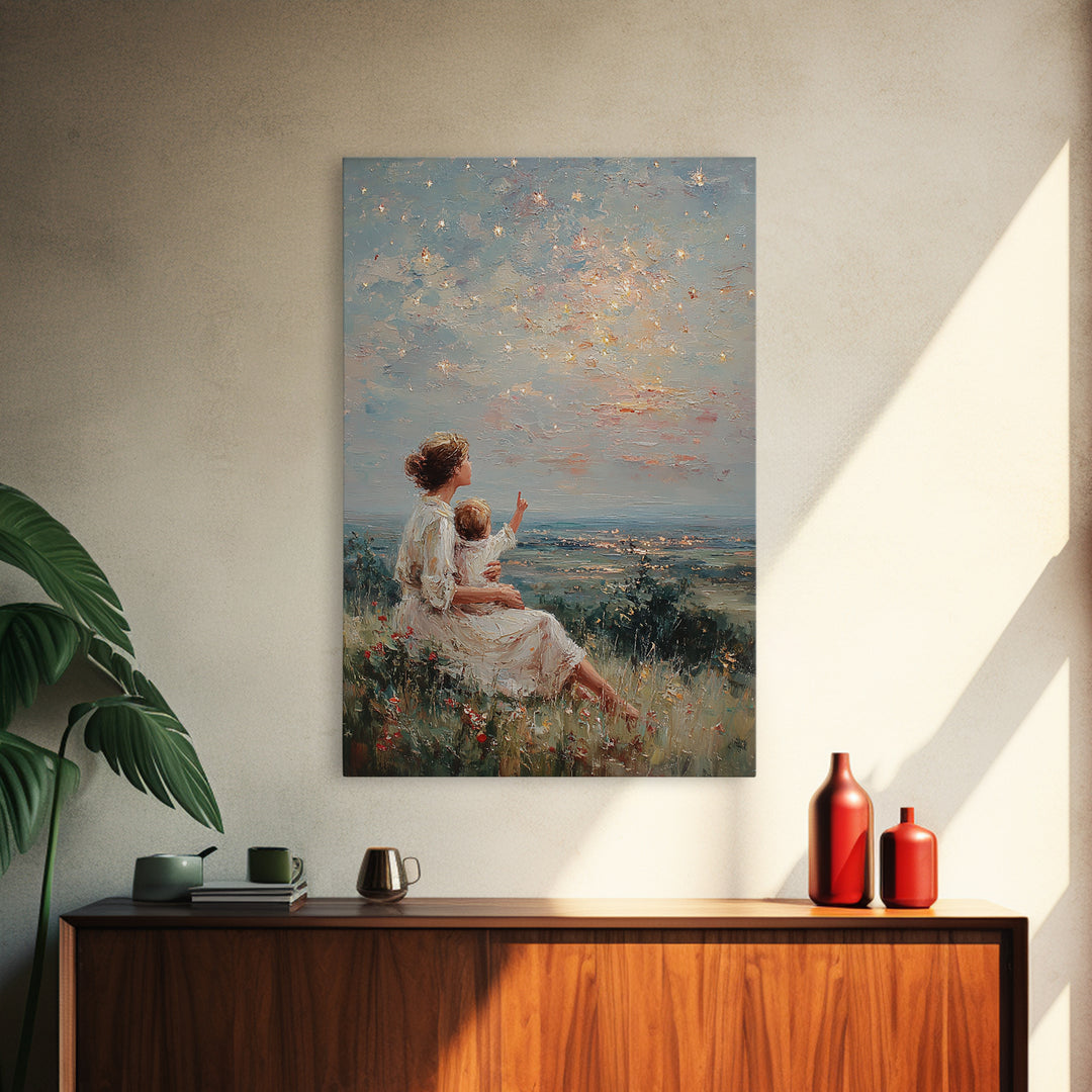 Mother And Child Under Sparkling Sky Wall Art, Impressionist Meadow Landscape Print, Nursery Decor, Gift For Mom, Living Room Decor
