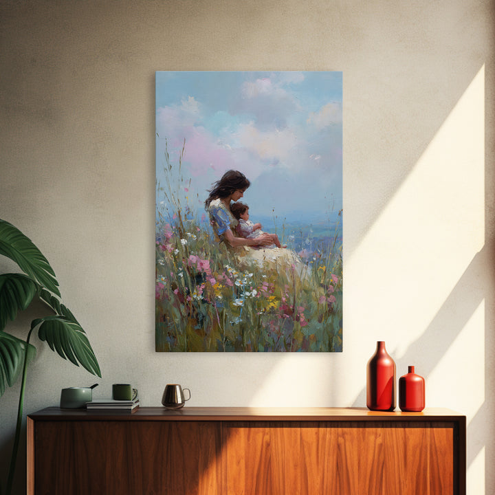 Mother Holding Baby In Wildflower Meadow Canvas Print, Impressionist Floral Wall Art, Nursery Decor, Gift For Her, Mothers Day Gift