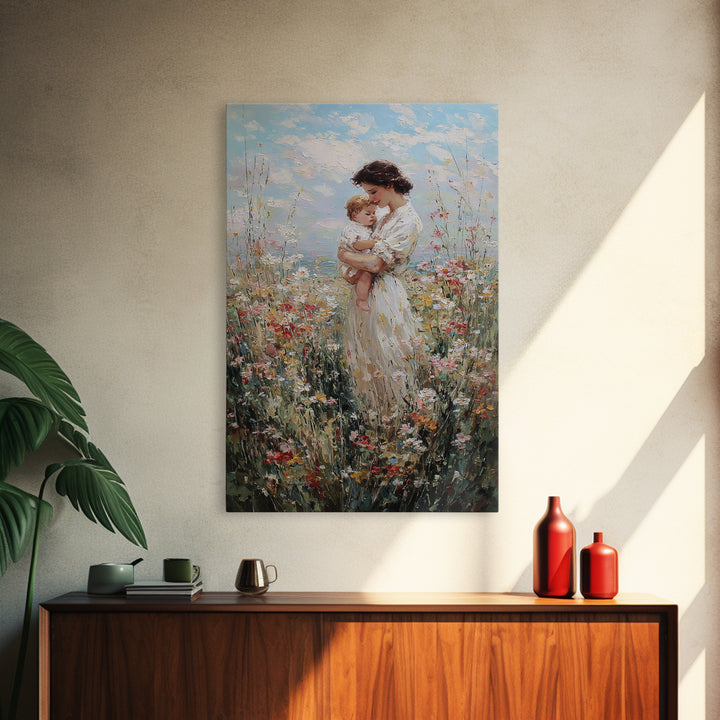 Mother Holding Baby In Sunlit Wildflowers Framed Canvas Print, Impressionist Floral Wall Art, Motherhood Gift, Nursery Decor