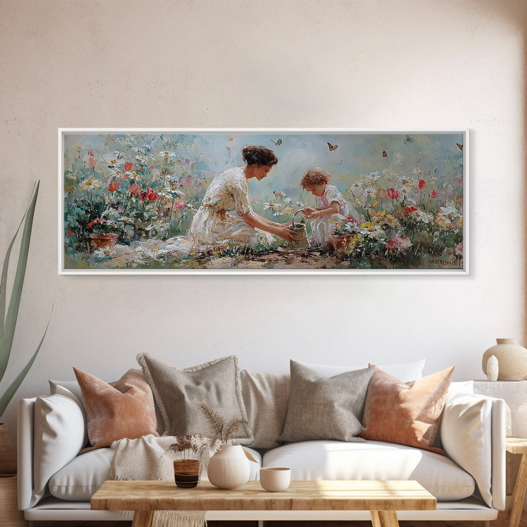 Mother And Child Garden Wall Art, Impressionist Wildflower Meadow Canvas Print, Feminine Nursery Decor Gift For Mom Home Decor