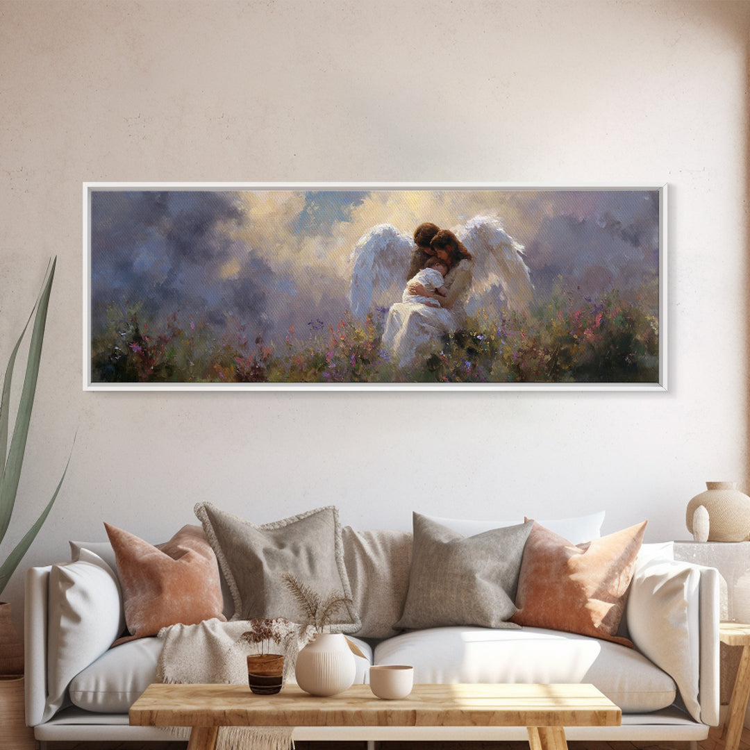 Guardian Angel And Child Wall Art, Ethereal Wildflower Meadow Framed Canvas Print, Christian Nursery Decor Gift For Baby Room