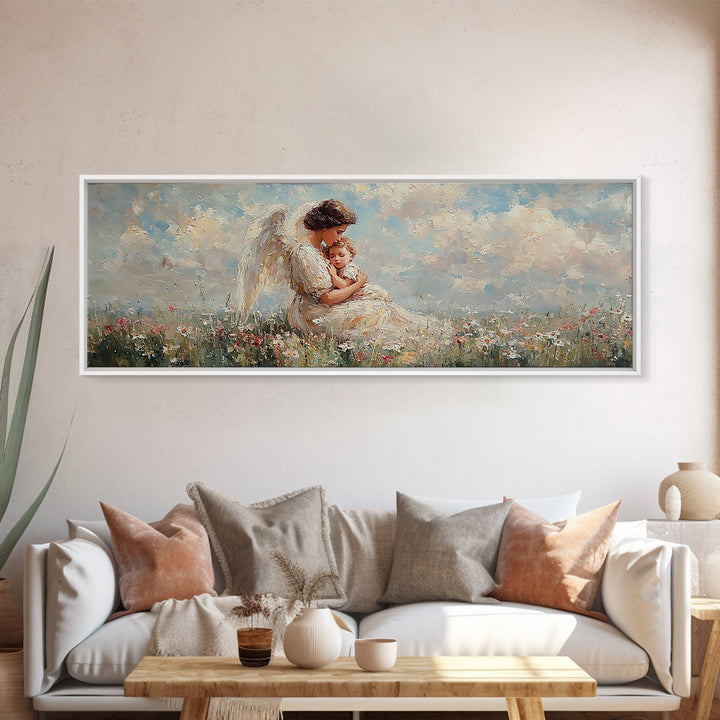 Angel Mother Holding Baby Wall Art, White Wings Wildflower Field Canvas Print, Christian Nursery Decor Gift For Mom Home Decor