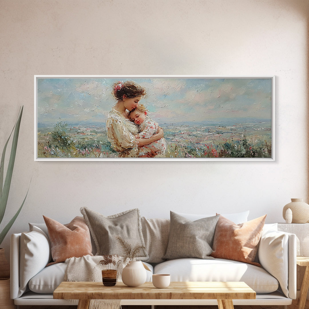 Mother Holding Sleeping Baby Wall Art, Tender Wildflower Landscape Canvas Print, Feminine Nursery Decor Gift For Mom Home Decor