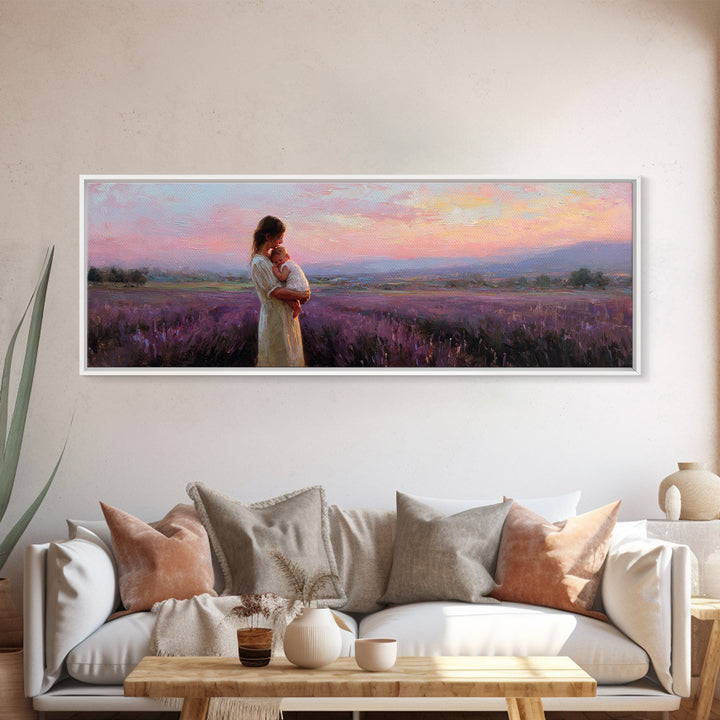 Mother And Baby Lavender Field Wall Art, Sunset Landscape Canvas Print, Purple Romantic Bedroom Decor Gift For Mom Home Decor