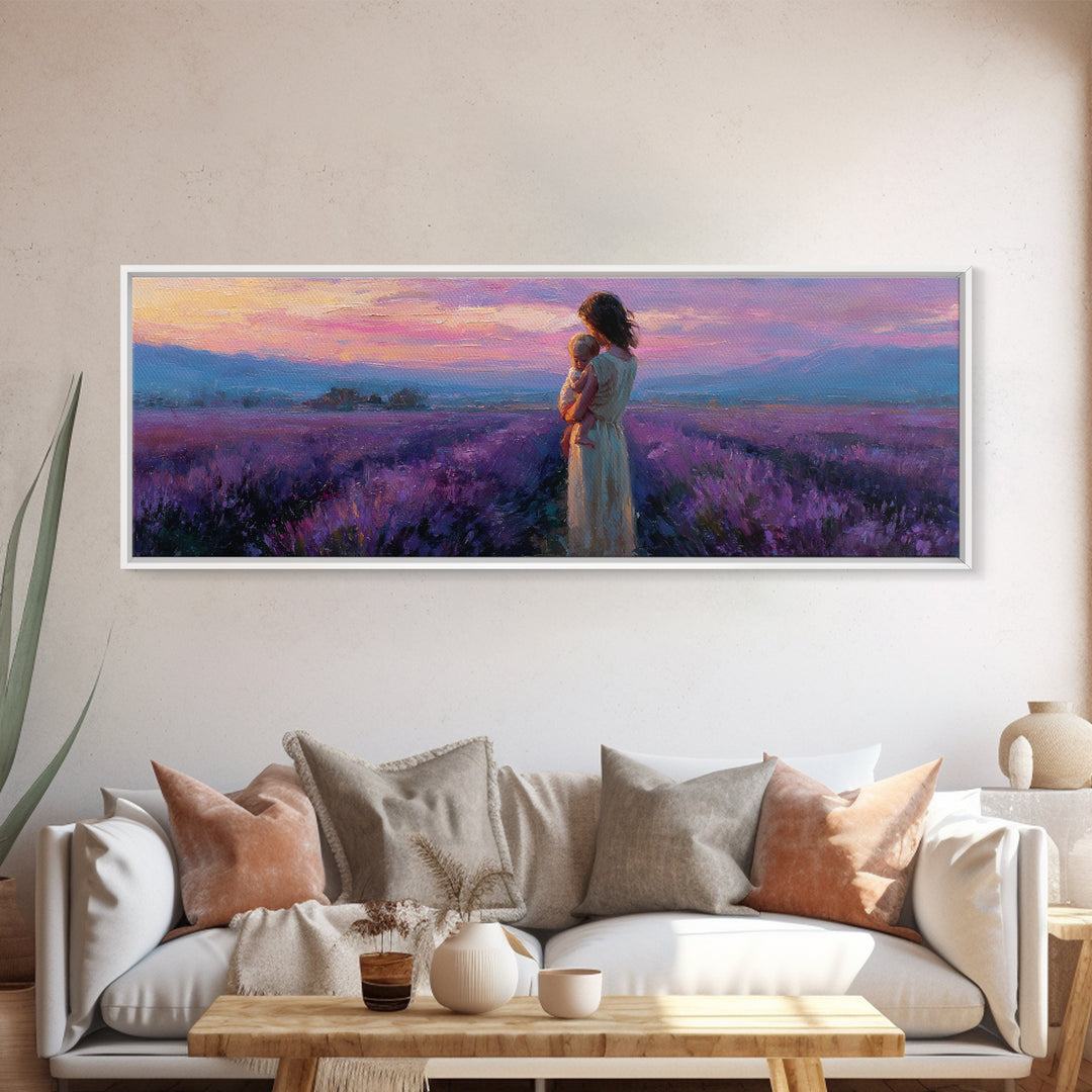 Mother And Baby Lavender Path Wall Art, Sunset Provence Landscape Framed Canvas Print, Romantic Bedroom Decor Gift For Mom