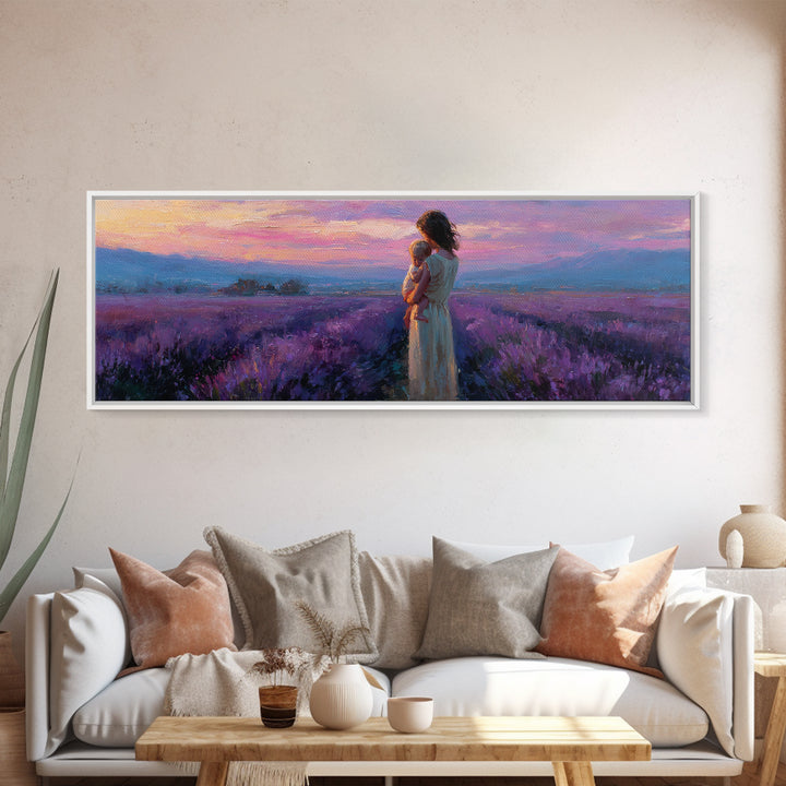Mother And Baby Lavender Path Wall Art, Sunset Provence Landscape Framed Canvas Print, Romantic Bedroom Decor Gift For Mom