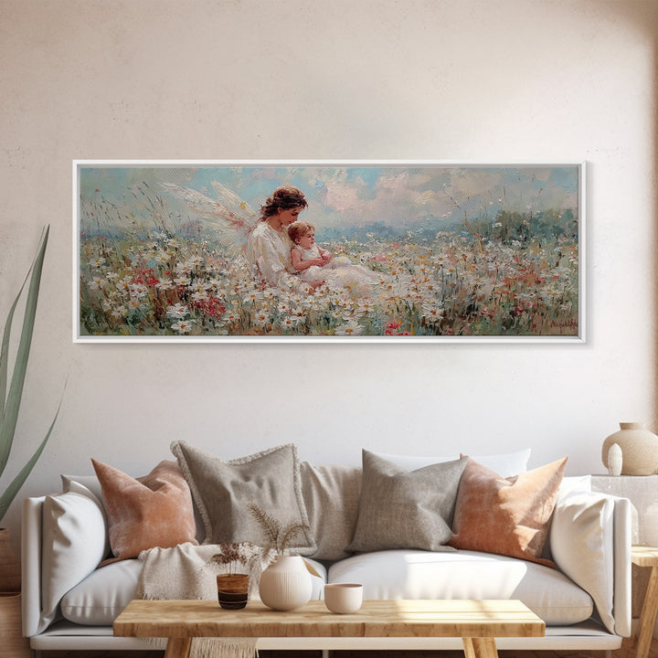 Angel Mother And Baby Daisy Meadow Wall Art, Heavenly Wildflower Canvas Print, Christian Nursery Decor Gift For Mom Home Decor