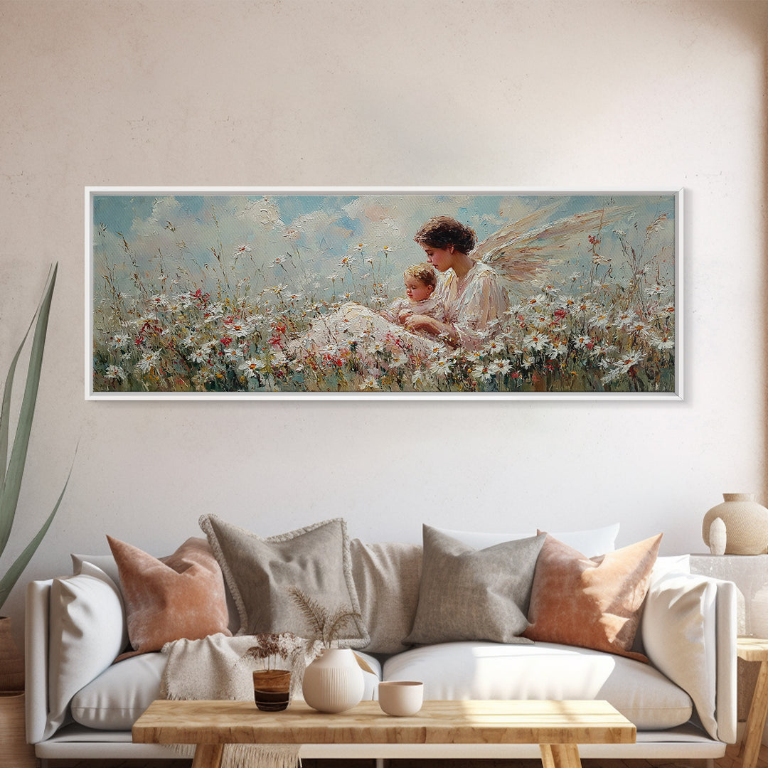 Angel Mother And Child In Wildflower Meadow Wall Art, Christian Nursery Decor, Angel Canvas, Motherhood Gift For Her, Serene Home Decor