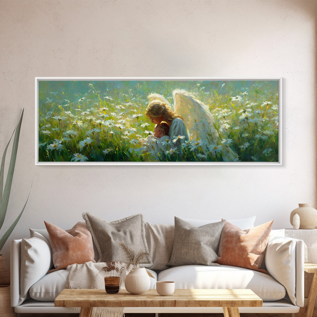 Guardian Angel Holding Baby In Daisy Meadow Framed Canvas Print, Christian Wall Art, Nursery Decor, Motherhood Gift For Her
