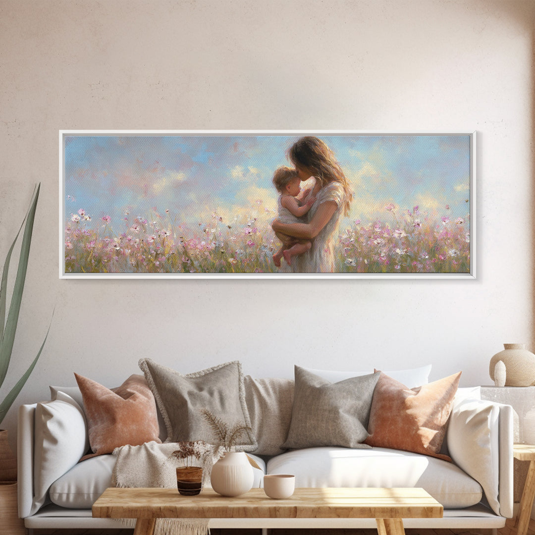 Tender Mother Holding Baby In Pastel Wildflowers Canvas Print, Motherhood Wall Art, Nursery Decor, Gift For Mom, Baby Shower Gift