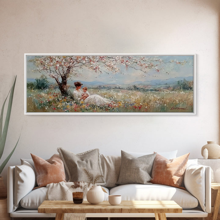 Mother And Baby Under White Blossom Tree In Meadow Framed Canvas Print, Floral Wall Art, Valley Landscape, Nursery Decor