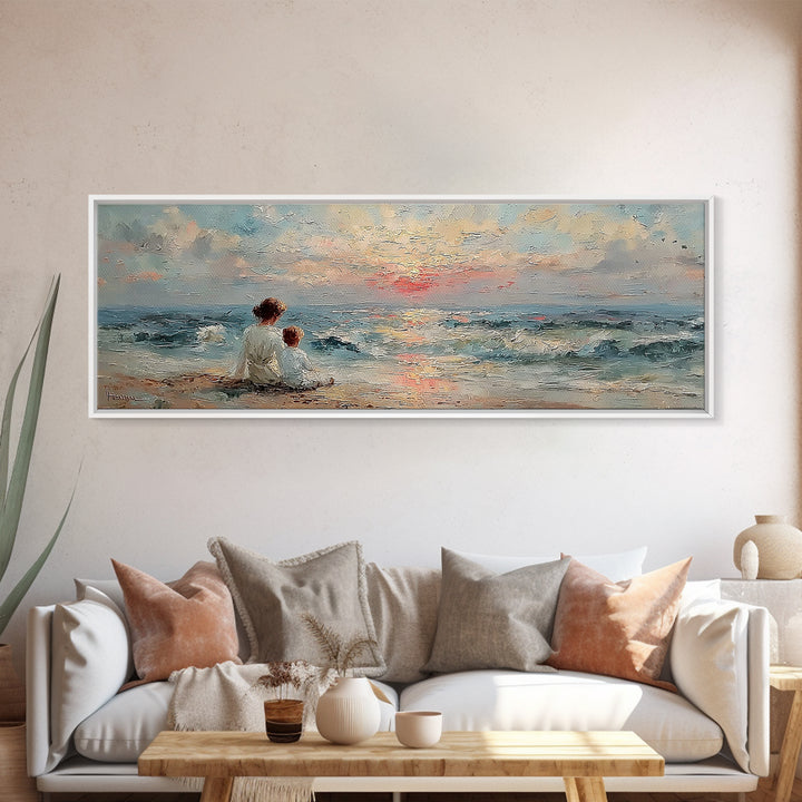 Mother And Child Watching Ocean Sunset Wall Art, Coastal Nursery Decor, Beach House Art, Seascape Painting, Gift For Mom