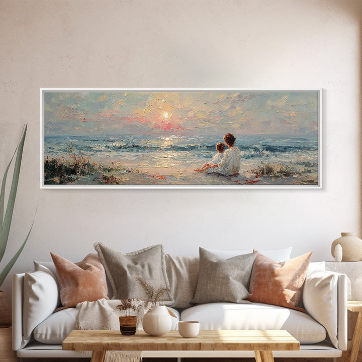 Mother And Child Sitting By Seaside Sunset Canvas Print, Coastal Wall Art, Beach House Decor, Ocean Painting, Gift For Mom