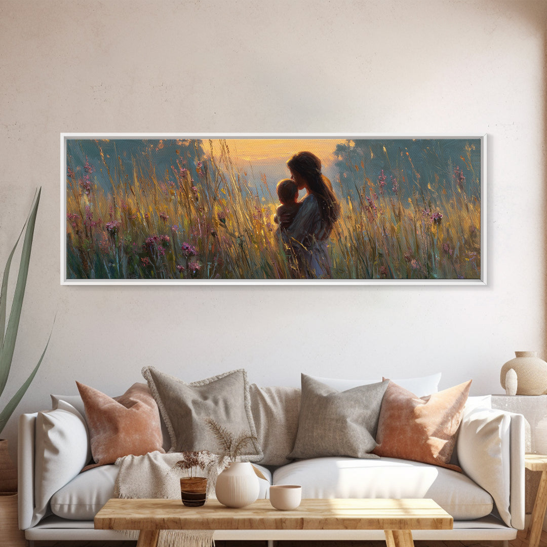 Golden Meadow Mother And Baby Wall Art, Impressionist Wildflower Nursery Decor, Feminine Landscape Canvas Gift For New Mom