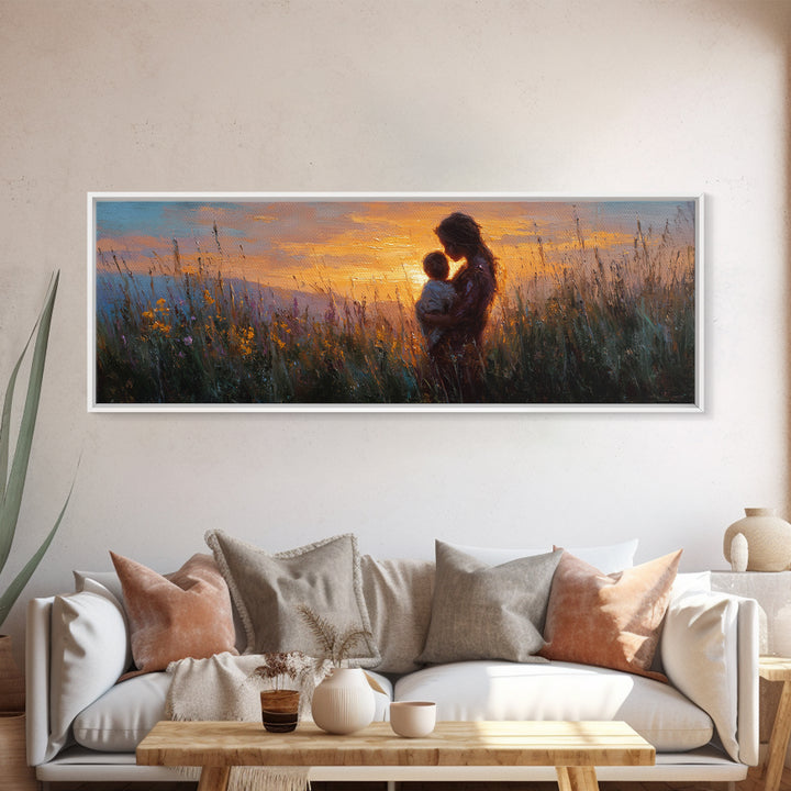 Sunset Meadow Mother And Baby Framed Canvas Print, Impressionist Wildflower Wall Decor, Motherhood Gift For Her, Living Room Art