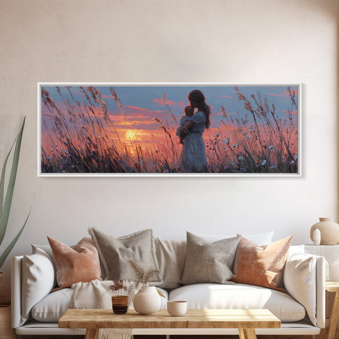 Pink Sunset Mother And Baby Canvas Print, Romantic Wildflower Field Wall Art, Feminine Nursery Decor And Bedroom Gift For Mom