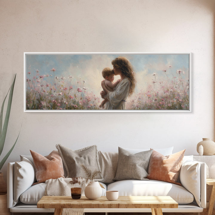 Soft Floral Mother And Baby Wall Art, Dreamy Impressionist Wildflower Meadow, Feminine Nursery Decor Gift For Mom Bedroom Decor