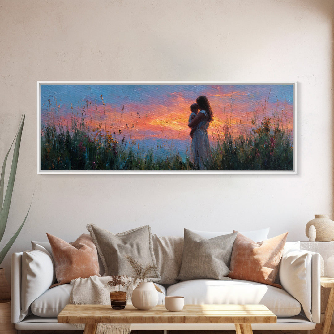 Twilight Meadow Mother And Baby Wall Art, Pink Sunset Wildflower Landscape, Romantic Motherhood Canvas Print For Bedroom